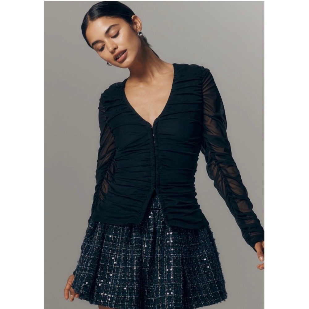 Anthropologie Maeve Black Ruched Mesh Top L Dark Romantic Corset Fem Goth NWT